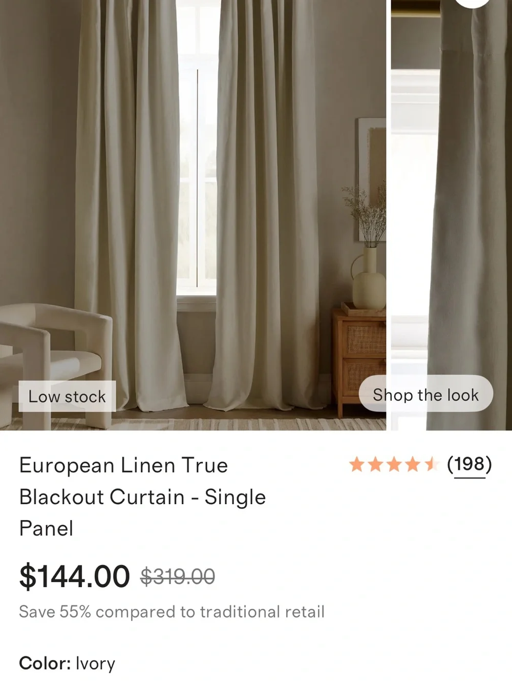 NWOT 96x84 European Linen Room Darkening Panel in Ivory - Each Panel $144